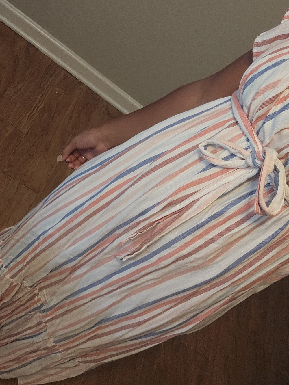 Summer Striped Cotton Tie-Waist Maxi Dress - Peach & Blue